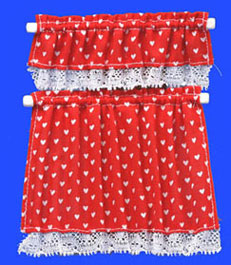 Dollhouse Miniature Cottage Curtains, Nursery Hearts, Red